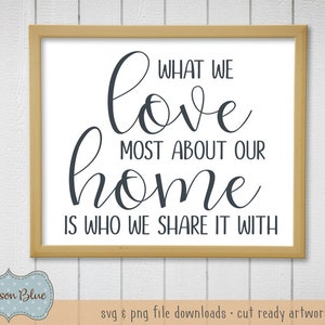 Ciò che amiamo di più della nostra casa è chi la condividiamo con il file di taglio Svg.  Agriturismo Decor svg file.  Design svg di Family Quote.  Citazione d'amore svg.