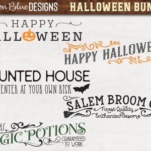 May include: A digital download of ten Halloween-themed SVG files. The designs include "Happy Halloween", "Haunted House", "Salem Broom Co.", and "Merlin's Magic Potions".