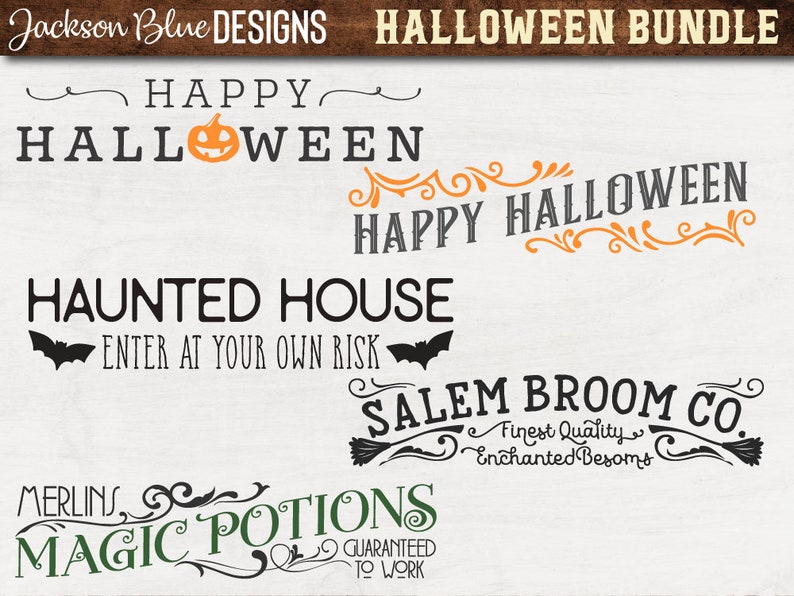 May include: A digital download of ten Halloween-themed SVG files. The designs include "Happy Halloween", "Haunted House", "Salem Broom Co.", and "Merlin's Magic Potions".