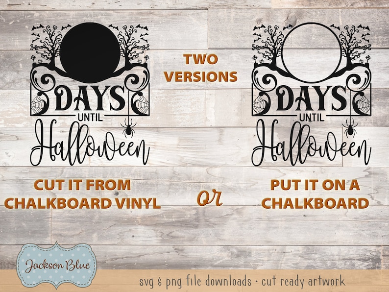 K&ouml;nnte beinhalten: Zwei Versionen eines schwarz-wei&szlig;en Halloween-Countdown-Schilds mit dem Text "Days Until Halloween". Das Schild zeigt einen gruseligen Baum, Flederm&auml;use und eine Spinne. Die erste Version hat einen Kreis f&uuml;r eine Zahl, und die zweite Version hat die Zahl "3" im Kreis. Der Text unter dem Schild lautet "Cut it from chalkboard vinyl" oder "Put it on a chalkboard".