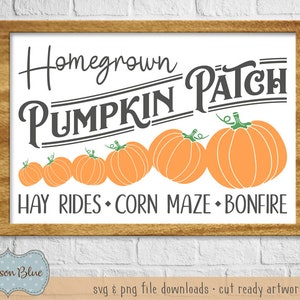 May include: A framed sign with the words "Homegrown Pumpkin Patch" in black and white, with orange pumpkin illustrations. The sign also includes the phrases "Hay Rides, Corn Maze, Bonfire". The frame is a light brown color.