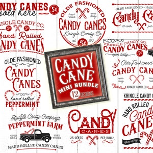 Paquete SVG de caña de caramelo.  Diseños navideños imprimibles.  12 Diseño mini paquete, granja de descargas de Navidad. Diseños vintage de letreros de caña de caramelo.