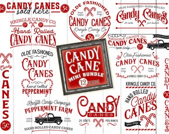 Candy cane SVG bundle.  Printable Christmas designs.  12 Design mini bundle, farmhouse Christmas downloads. Vintage candy cane sign designs.