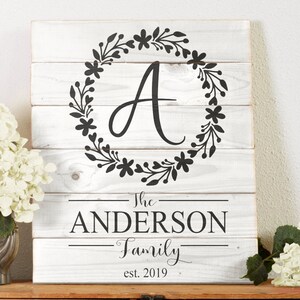 Op de afbeelding: Een wit houten bord met een zwarte bloemenkrans en de letter "A" in het midden. Onder de krans staat de tekst "The Anderson Family est. 2019".
