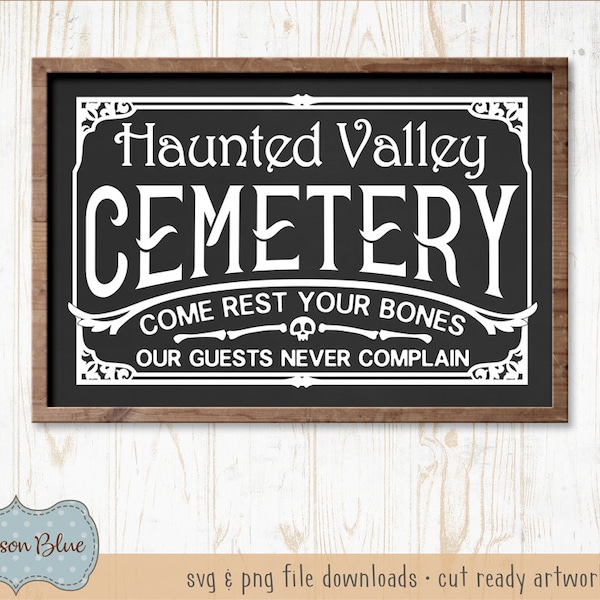 Haunted valley cemetery SVG download.  Halloween sign design svg.  Halloween svg files.  Creepy halloween svg.  Halloween cut files.