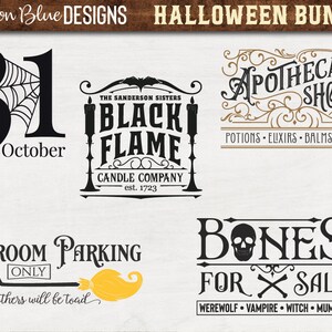 May include: A set of five Halloween-themed designs featuring black and white illustrations. The designs include a spider web with a spider, a candle company logo, an apothecary shop logo, a broom parking sign, and a bones for sale sign.