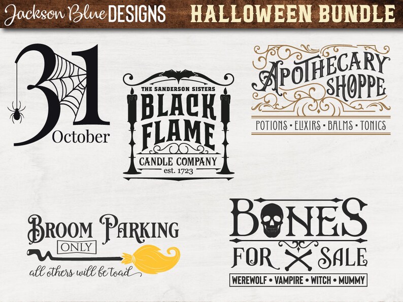 May include: A set of five Halloween-themed designs featuring black and white illustrations. The designs include a spider web with a spider, a candle company logo, an apothecary shop logo, a broom parking sign, and a bones for sale sign.