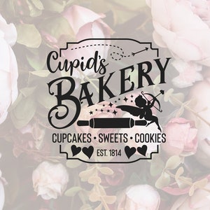 May include: Black and white logo for Cupid's Bakery, featuring a cartoon cupid with a bow and arrow, a rolling pin, and the text "Cupid's Bakery", "Cupcakes - Sweets - Cookies", and "Est. 1814".