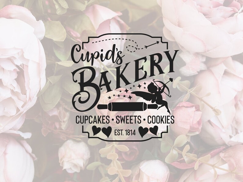 May include: Black and white logo for Cupid's Bakery, featuring a cartoon cupid with a bow and arrow, a rolling pin, and the text "Cupid's Bakery", "Cupcakes - Sweets - Cookies", and "Est. 1814".