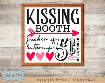 Kissing Booth SVG cut file.  Vintage Valentines Day Art.  Valentine Kisses SVG.  Rustic Valentines SVG download.  Farmhouse Valentines Day.