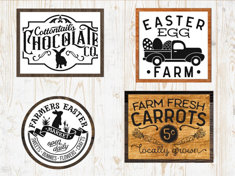 May include: Four wooden signs with black text and graphics. The first sign says "Cottontail's Chocolate Co." with a rabbit silhouette. The second sign says "Easter Egg Farm" with a black truck carrying eggs. The third sign says "Farmers Easter Market" with a rabbit silhouette and the text "open daily". The fourth sign says "Farm Fresh Carrots 5&cent; locally grown" with a carrot graphic.