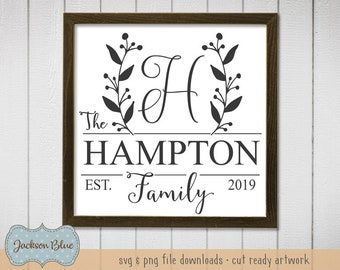 Family Name svg cut file.  Family Last Name svg design.  Monogram Initial in Laurels svg.  Family Farmhouse Sign svg instant download.