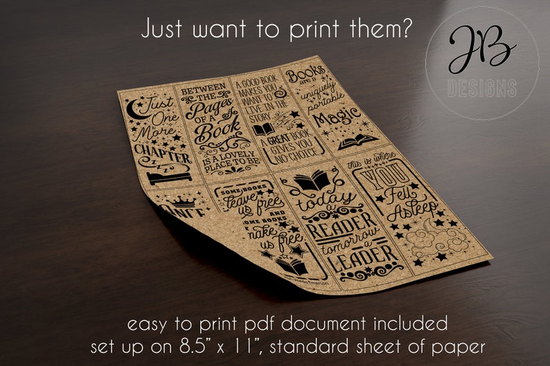 May include: Printable 8.5 x 11 inch sheet of paper with 6 book-themed designs. Each design features a different quote about books and reading. The designs are printed on a brown background with black text.