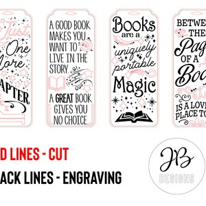 May include: Four printable bookmark designs with black and pink text and illustrations. The designs feature quotes about books and reading, including "Just One More Chapter", "A Good Book Makes You Want To Live In The Story", "Books Are A Uniquely Portable Magic", and "Between The Pages Of A Book Is A Lovely Place To Be".
