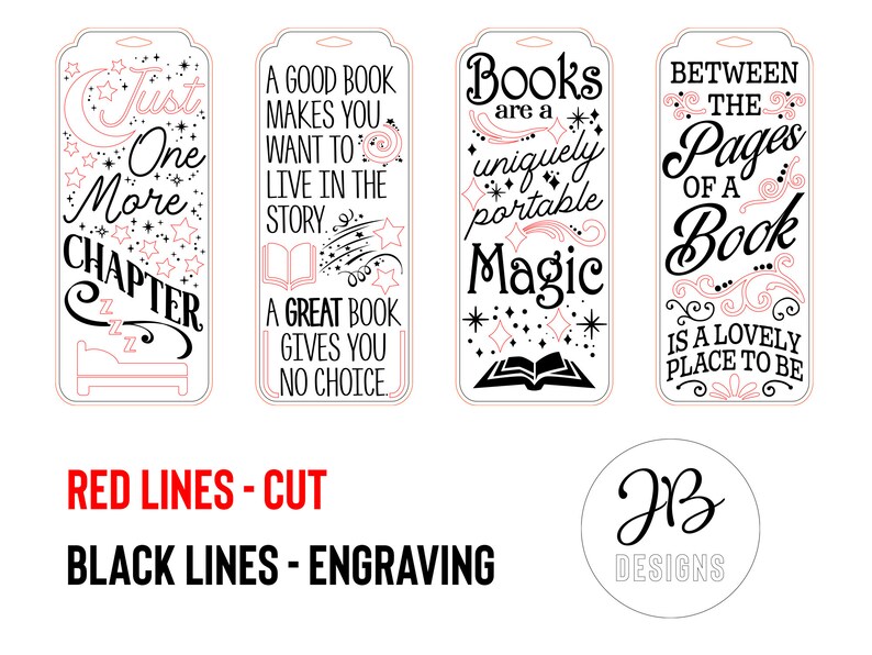 May include: Four printable bookmark designs with black and pink text and illustrations. The designs feature quotes about books and reading, including "Just One More Chapter", "A Good Book Makes You Want To Live In The Story", "Books Are A Uniquely Portable Magic", and "Between The Pages Of A Book Is A Lovely Place To Be".
