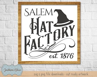 Salem Hat Factory SVG download.  Halloween sign design svg.  Halloween svg files.  Halloween witches hat clipart.  Halloween cut files.