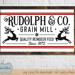 Mulino per cereali Rudolph and Co mangime per renne in formato SVG. Renna rustica in formato SVG. Design in formato SVG per le vacanze. File di taglio in formato SVG di Natale della fattoria.