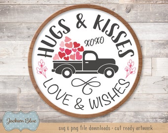 Hugs and kisses love and wishes SVG cut file.  Rustic Valentines Day SVG.  Farmhouse Valentines Truck Download.  Xoxo svg.