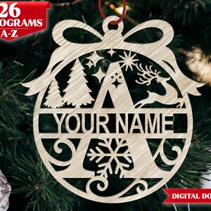 File di taglio dell'ornamento natalizio.  File tagliato al laser per glowforge.  26 lettere divise monogramma natalizio.  Natale svg tagliare il download del file.