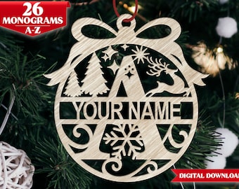 Christmas ornament cut file.  Laser cut file for glowforge.  26 Christmas monogram split letters.  Christmas svg cut file download.