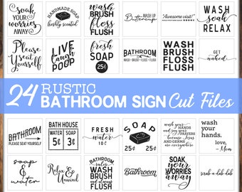 May include: A set of 24 black and white bathroom signs with rustic text. The signs feature phrases like "Soak your worries away", "Wash brush floss flush", "Live laugh poop", "Get naked", and "Bathroom rules wash brush and always flush".