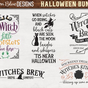 May include: A set of five Halloween-themed SVG designs featuring black and white illustrations with text. The designs include "A Witch and Her Little Monsters Live Here", "When Witches Go Riding and Black Cats Are Seen", "Witches Brew Drink Co. Quality Potions Since 1542", "Witches Brew Drink Company", and "Wickedly Delicious Witches Kitchen Stirring Up Some Magic".