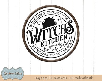 Scarica la cucina della strega in formato SVG. Segno rotondo di Halloween in formato SVG. Design rustico di Halloween in formato SVG. File in formato SVG della cucina delle streghe. Streghe di Halloween in formato SVG.
