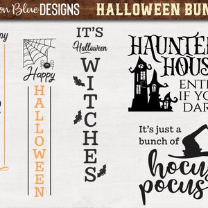 May include: A set of five black and white Halloween-themed SVG cut files. The designs include "Happy Halloween", "Haunted House", "It's Halloween Witches", and "Hocus Pocus".