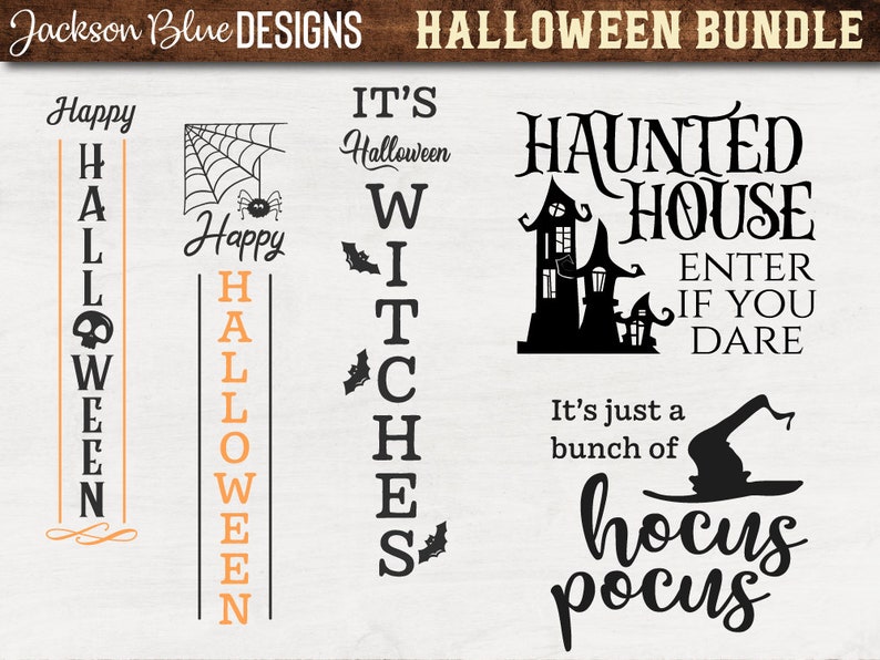 May include: A set of five black and white Halloween-themed SVG cut files. The designs include "Happy Halloween", "Haunted House", "It's Halloween Witches", and "Hocus Pocus".