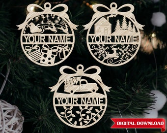 Fichiers coupés d’ornement de Noël. Fichier découpé au laser pour glowforge. Ornement de nom de famille de Noël. Téléchargement de fichiers coupés svg de Noël.