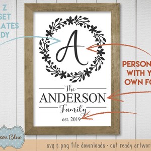 Op de afbeelding: Een zwart-wit printbaar ontwerp voor een naambord voor een gezin. Het ontwerp bevat een bloemenkrans met de letter "A" in het midden. De tekst "The Anderson Family est. 2019" staat onder de krans. Het ontwerp is aanpasbaar met uw eigen lettertypen.
