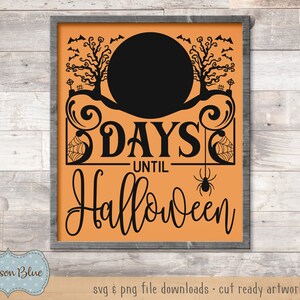 K&ouml;nnte beinhalten: Ein schwarzes und oranges Halloween-Countdown-Schild mit einer schwarzen Silhouette eines Mondes und B&auml;umen. Das Schild sagt "Days Until Halloween" mit einer Spinne, die an einem Netz h&auml;ngt.