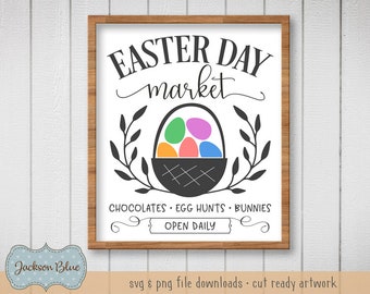 May include: A sign with a wooden frame that says "Easter Day Market" in black text. There is a basket with colorful eggs inside and a leafy branch on each side. The sign also says "Chocolates, Egg Hunts, Bunnies, Open Daily".