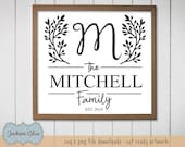 Last Name svg cut file.  Family Name with Wreath design.  Monogram Initial in Laurels svg.  Family Farmhouse Sign svg Download.