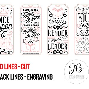 May include: Four printable bookmark designs with black and red lines. The designs feature quotes about reading and include stars, a crown, a book, and a crescent moon. The text on the bookmarks reads: "Once upon a time", "Some books leave us free and some books make us free. Ralph Waldo Emerson", "Today a reader, tomorrow a leader", and "This is where you fell asleep".