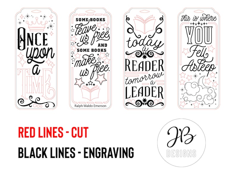 May include: Four printable bookmark designs with black and red lines. The designs feature quotes about reading and include stars, a crown, a book, and a crescent moon. The text on the bookmarks reads: "Once upon a time", "Some books leave us free and some books make us free. Ralph Waldo Emerson", "Today a reader, tomorrow a leader", and "This is where you fell asleep".