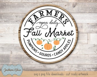 Farmers fall market round SVG download.  Round fall sign svg.  Pumpkin patch svg. Rustic fall round sign svg file. Farmers market round svg.