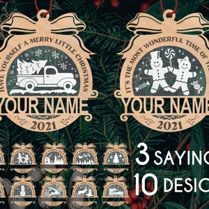 Christmas ornament cut files.  Laser cut files for glowforge.  Christmas family name ornament.  Laser engrave design file downloads.