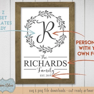 Peut inclure: Une affiche imprimable en noir et blanc avec une couronne et la lettre R au centre. Le texte ci-dessous indique "The Richards Family Est. 2019".
