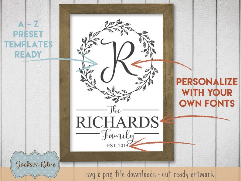Peut inclure: Une affiche imprimable en noir et blanc avec une couronne et la lettre R au centre. Le texte ci-dessous indique "The Richards Family Est. 2019".