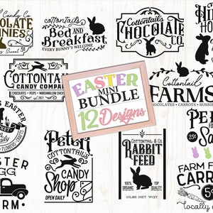 May include: A set of 12 Easter-themed designs featuring bunny rabbits, carrots, candy, and other spring-related imagery. The designs are in black and white and have a vintage, hand-drawn style. The text includes phrases like "Cottontail Candy Co.", "Chocolate Bunnies", "Easter Mini Bundle", and "Peeps for Sale".