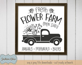 May include: Black and white illustration of a pickup truck filled with flowers. The text "Fresh Flower Farm Open Daily" is above the truck. The text "Annuals Perennials Bulbs" is below the truck.