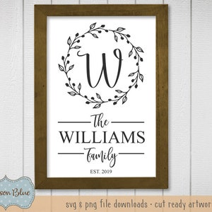 Family Name svg cut file.  Family Last Name svg design.  Monogram Initial in Wreath svg.  Family Farmhouse Sign svg instant download.