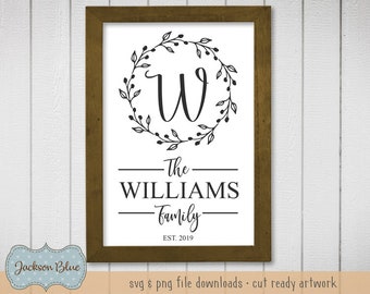 Family Name svg cut file.  Family Last Name svg design.  Monogram Initial in Wreath svg.  Family Farmhouse Sign svg instant download.