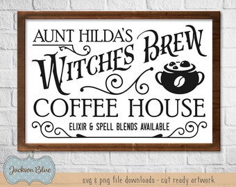 Witches brew coffee house SVG download.  Halloween sign design svg.  Halloween svg files.  Halloween clipart.