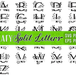 May include: A set of 26 split monogram letters with leafy designs. Each letter is split in half with a horizontal line, and the top half is surrounded by leaves. The letters are in black and white.
