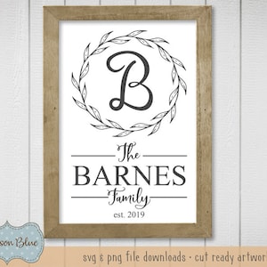 Family Name svg cut file.  Family Last Name svg design.  Monogram Initial in Wreath svg.  Family Farmhouse Sign svg instant download.