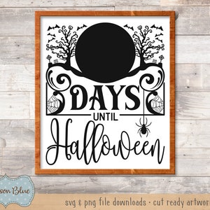 K&ouml;nnte beinhalten: Schwarzwei&szlig;es Grafikdesign mit einem gruseligen Halloween-Thema. Das Design zeigt einen Vollmond, Flederm&auml;use, eine Spinne und den Text "DAYS UNTIL HALLOWEEN".