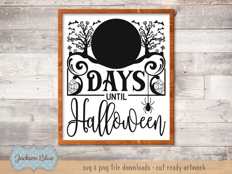 K&ouml;nnte beinhalten: Schwarzwei&szlig;es Grafikdesign mit einem gruseligen Halloween-Thema. Das Design zeigt einen Vollmond, Flederm&auml;use, eine Spinne und den Text "DAYS UNTIL HALLOWEEN".