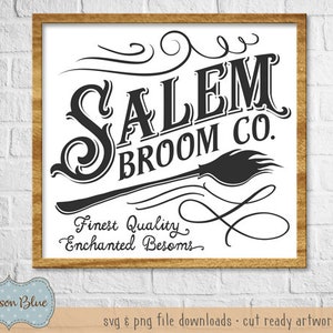 Descarga SVG de Salem Broom Company. Diseño de letrero de Halloween svg. Archivos svg de Halloween. Imágenes prediseñadas de escoba de brujas de Halloween. Escoba de Halloween svg.